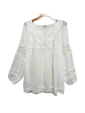 Daniel Rainn White Polka Dot Lace Crochet Trim Peasant Tunic Top Boho Artsy Sz L